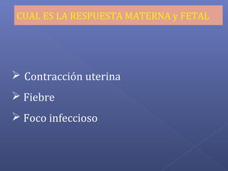 CUAL ES LA RESPUESTA MATERNA y FETAL
 Contracción uterina
 Fiebre
 Foco infeccioso
 