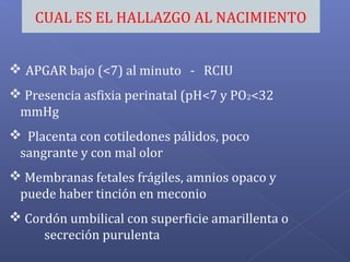 CUAL ES EL HALLAZGO AL NACIMIENTO
 APGAR bajo (<7) al minuto - RCIU
 Presencia asfixia perinatal (pH<7 y PO2<32
mmHg
 Placenta con cotiledones pálidos, poco
sangrante y con mal olor
 Membranas fetales frágiles, amnios opaco y
puede haber tinción en meconio
 Cordón umbilical con superficie amarillenta o
secreción purulenta
 