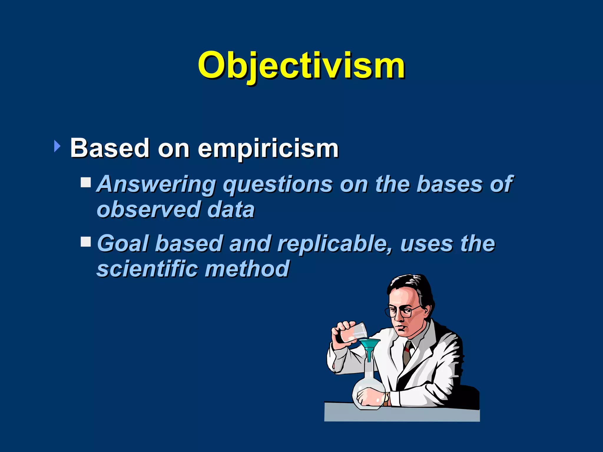 Objectivism Based on empiricism Answering questions on the bases of observed data Goal based and replicable, uses the scientific method 