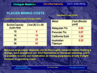 PLACER MINING COSTS

Operating Costs (1990):

Capital Cost of Bucketline Dredge (1990):

Because large placer deposits can be thoroughly explored before floating a
dredge, such operations can lend themselves to thorough planning, and it
is possible to carry out reclamation as mining progresses at only a slight
increase in operating costs.

 