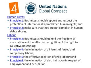 Human Rights
• Principle 1: Businesses should support and respect the
protection of internationally proclaimed human rights; and
• Principle 2: make sure that they are not complicit in human
rights abuses.
Labour
• Principle 3: Businesses should uphold the freedom of
association and the effective recognition of the right to
collective bargaining;
• Principle 4: the elimination of all forms of forced and
compulsory labour;
• Principle 5: the effective abolition of child labour; and
• Principle 6: the elimination of discrimination in respect of
employment and occupation.
 