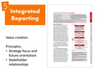 Value creation
Principles:
• Strategy focus and
future orientation
• Stakeholder
relationships
Integrated
Reporting
 