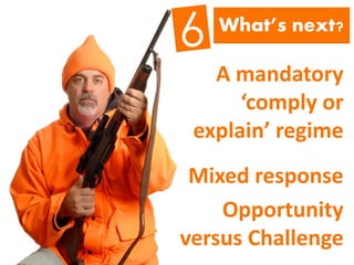 A mandatory
‘comply or
explain’ regime
Mixed response
Opportunity
versus Challenge
What’s next?
 
