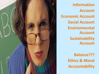 Information
Account
Economic Account
Social Account
Environmental
Account
Sustainability
Account
Balance???
Ethics & Moral
Accountability
 