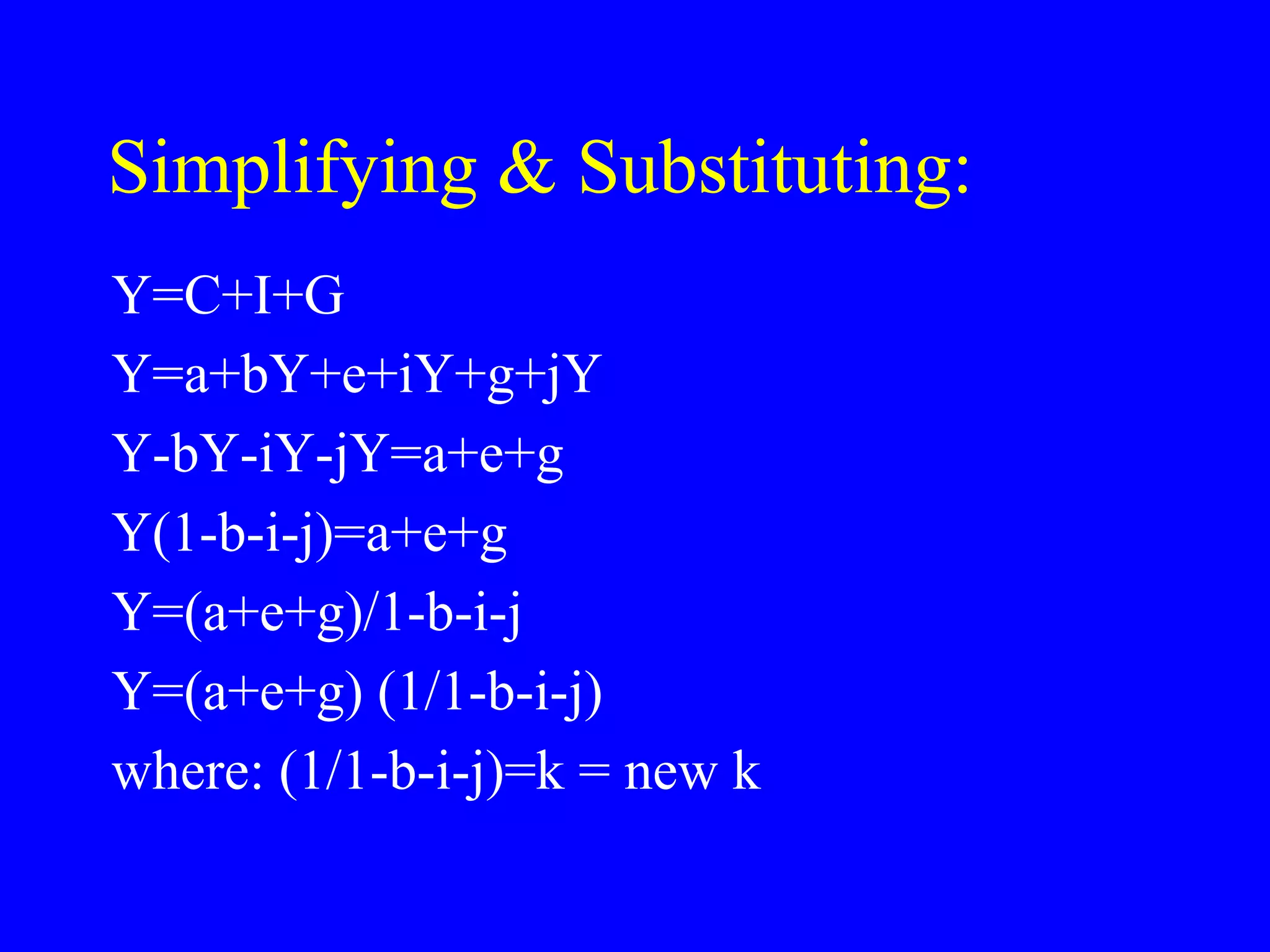 Simplifying & Substituting:
Y=C+I+G
Y=a+bY+e+iY+g+jY
Y-bY-iY-jY=a+e+g
Y(1-b-i-j)=a+e+g
Y=(a+e+g)/1-b-i-j
Y=(a+e+g) (1/1-b-i-j)
where: (1/1-b-i-j)=k = new k
 
