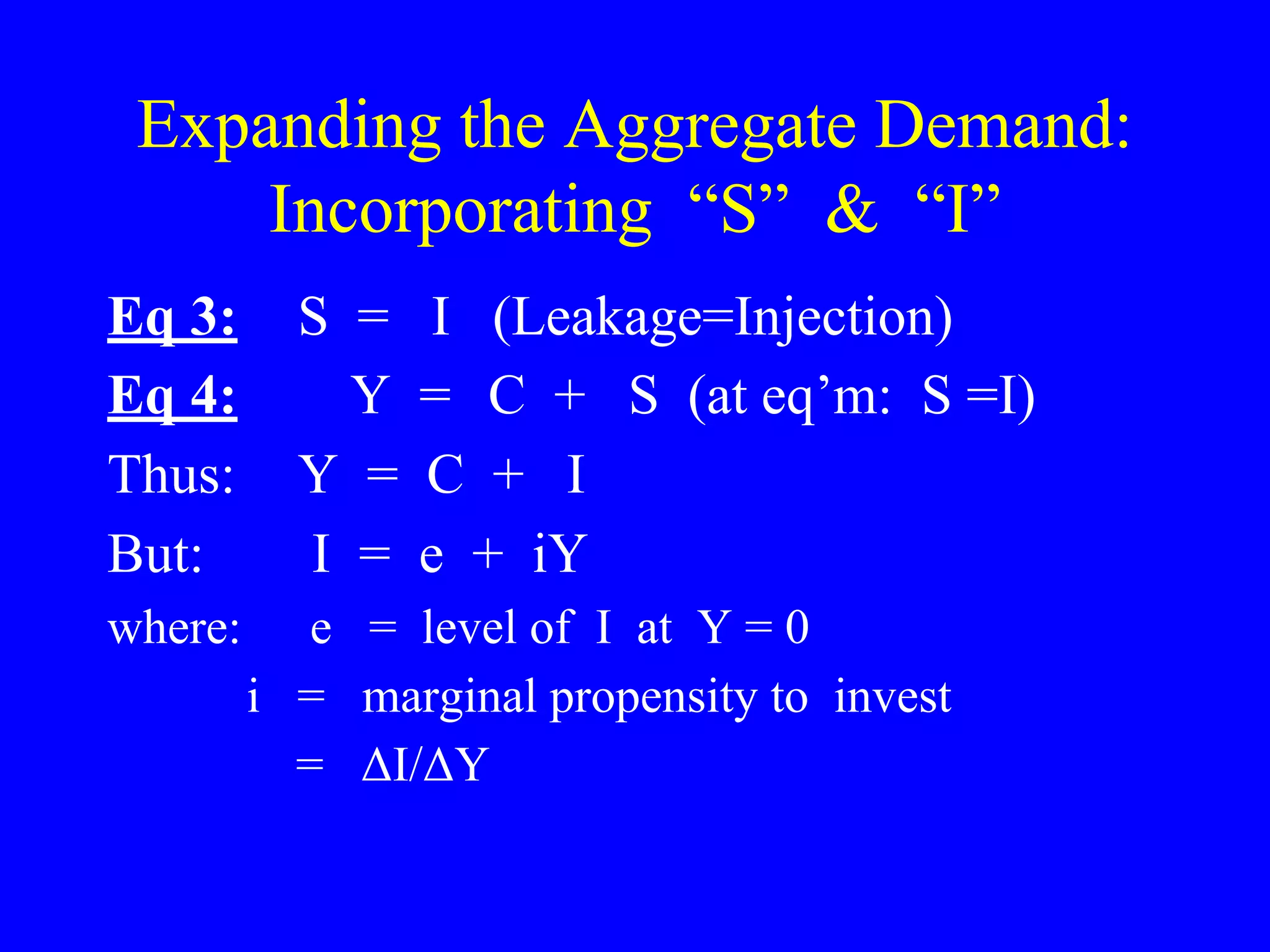 Expanding the Aggregate Demand:
Incorporating “S” & “I”
Eq 3: S = I (Leakage=Injection)
Eq 4: Y = C + S (at eq’m: S =I)
Thus: Y = C + I
But: I = e + iY
where: e = level of I at Y = 0
i = marginal propensity to invest
= ΔI/ΔY
 