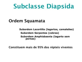 Subclasse Diapsida
Ordem Squamata
Subordem Lacertilia (lagartos, camaleões)
Subordem Serpentes (cobras)
Subordem Amphisbaenia (lagarto sem
pernas)
Constituem mais de 95% dos répteis viventes
 