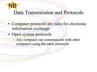 Data Transmission and Protocols Computer protocols are rules for electronic information exchange Open system protocols Any computer can communicate with other computers using the same protocols NB 