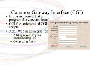 Common Gateway Interface (CGI) Browsers request that a program file executes (runs) CGI files often called CGI scripts Adds Web page interaction Adding names to guest books/mailing lists Completing forms 