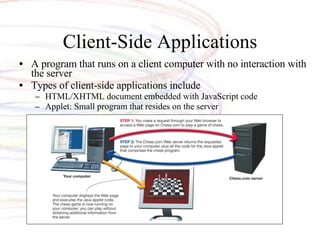 Client-Side Applications A program that runs on a client computer with no interaction with the server Types of client-side applications include HTML/XHTML document embedded with JavaScript code Applet: Small program that resides on the server 