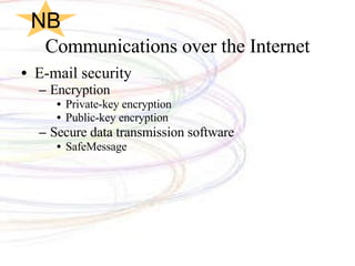 Communications over the Internet E-mail security Encryption  Private-key encryption Public-key encryption Secure data transmission software SafeMessage  NB 