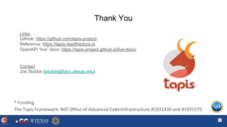 Thank You
12
Links
GitHub: https://github.com/tapis-project/
Reference: https://tapis.readthedocs.io
OpenAPI “live” docs: ...