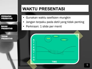 • Gunakan waktu seefisien mungkin
• Jangan terpaku pada detil yang tidak penting
• Perkiraan: 1 slide per menit
9
 