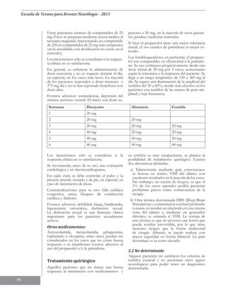 Escuela de Verano para Jóvenes Neurólogos - 2013
90
Entre paréntesis número de comprimidos de 25
mg. Éstos se preparan mediante receta médica al
recetario magistral, fraccionando un comprimido
de 250 en comprimidos de 25 mg más excipientes
(en la actualidad, esta dosificación no existe en el
mercado).
Los incrementos sólo se consideran si la respues-
ta clínica no es satisfactoria.
En general, es suficiente la administración de
dosis nocturnas y no se requiere durante el día,
en especial, en los casos más leves. La mayoría
de los pacientes responden a dosis menores a
375 mg día y no se han reportado beneficios con
dosis altas.
Eventos adversos: somnolencia, depresión del
sistema nervioso central. El inicio con dosis su-
periores a 50 mg, en la mayoría de estos pacien-
tes, produce molestias marcadas.
Si bien el propanolol tiene una mejor tolerancia
inicial, el uso crónico de primidona es mejor to-
lerado.
Los betabloqueadores, en particular, el propano-
lol son comparables en efectividad a la primido-
na. Su uso comienza progresivamente desde una
dosis inicial de 20 mg por 3 veces, aumentando
según la tolerancia y la respuesta del paciente. Se
llega a un rango terapéutico de 120 a 360 mg al
día. Se espera una disminución de la amplitud del
temblor del 50 a 60%, siendo más efectivo en los
pacientes con temblor de las manos de gran am-
plitud y baja frecuencia.
Semanas Desayuno Almuerzo Comida
1 20 mg
2 20 mg 20 mg
3 20 mg 20 mg 20 mg
4 40 mg 20 mg 20 mg
5 40 mg 40 mg 20 mg
6 40 mg 40 mg 40 mg
Los incrementos sólo se consideran si la
respuesta clínica no es satisfactoria.
Se recomienda, antes de su uso, una evaluación
cardiológica y un electrocardiograma.
En cada visita se debe controlar el pulso y la
presión arterial, sentado y de pie, en especial, en
caso de incremento de dosis.
Contraindicaciones para su uso: falla cardíaca
congestiva, asma, bloqueo de conducción
cardíaca y diabetes.
Eventos adversos: debilidad, fatiga, bradicardia,
hipotensión ortostática, disfunción sexual.
La disfunción sexual es una limitante clínica
importante para los pacientes sexualmente
activos.
Otros medicamentos:
Acetozolamida, metazolamida, gabapentina,
topiramato o clozapina, entre otros, pueden ser
considerados en los casos que no existe buena
respuesta o se manifiestan eventos adversos al
uso del propanolol o/y la primidona.
Tratamiento quirúrgico
Aquellos pacientes que no tienen una buena
respuesta al tratamiento con medicamentos y
su temblor es muy incapacitante, se plantea la
posibilidad de tratamiento quirúrgico. Existen
dos alternativas definidas:
a) Talamotomía mediante guía esterotaxiaca:
se lesiona en núcleo VIM del tálamo con
excelentes resultados en la mayoría de los casos.
Sin embargo, no exenta de riesgos, ya que el
1% de los casos operados podría presentar
problemas graves como consecuencia de la
cirugía.
b) Otra técnica denominada DBS (Deep Brain
Stimulation) o estimulación cerebral profunda:
consiste en instalar un electrodo en esta misma
zona del tálamo y, mediante un generador
eléctrico, se estimula el VIM. La ventaja de
esta técnica es que no provoca una lesión que
puede resultar irreversible, por lo que tiene
menores riesgos que la forma tradicional
de cirugía. Además, se puede realizar con
mayor seguridad en forma bilateral. La gran
desventaja es su costo elevado.
2.2 No determinado
Algunos pacientes no satisfacen los criterios de
temblor esencial y no presentan otros signos
neurológicos para poder tener un diagnóstico
determinado.
 