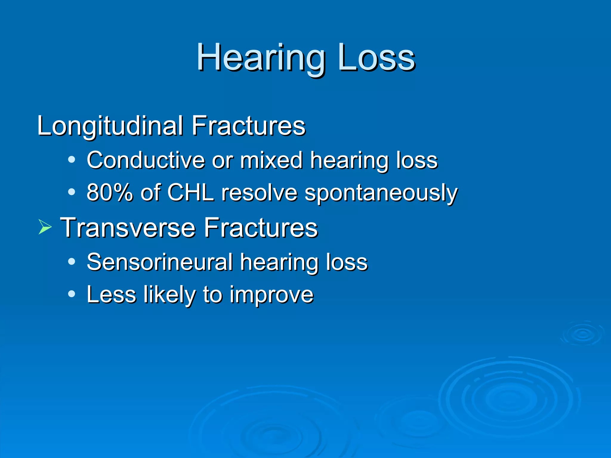 Hearing Loss Longitudinal Fractures Conductive or mixed hearing loss 80% of CHL resolve spontaneously Transverse Fractures Sensorineural hearing loss Less likely to improve 