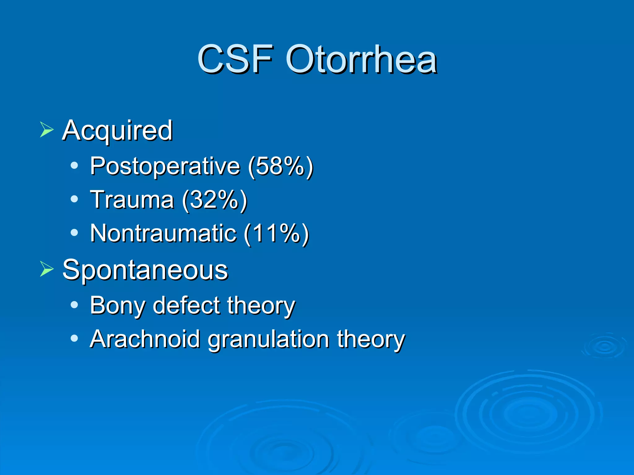 CSF Otorrhea Acquired Postoperative (58%) Trauma (32%) Nontraumatic (11%) Spontaneous Bony defect theory Arachnoid granulation theory 