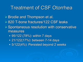 Treatment of CSF Otorrhea Brodie and Thompson et al. 820 T-bone fractures/122 CSF leaks Spontaneous resolution with conservative measures 95/122 (78%): within 7 days 21/122(17%): between 7-14 days 5/122(4%): Persisted beyond 2 weeks 