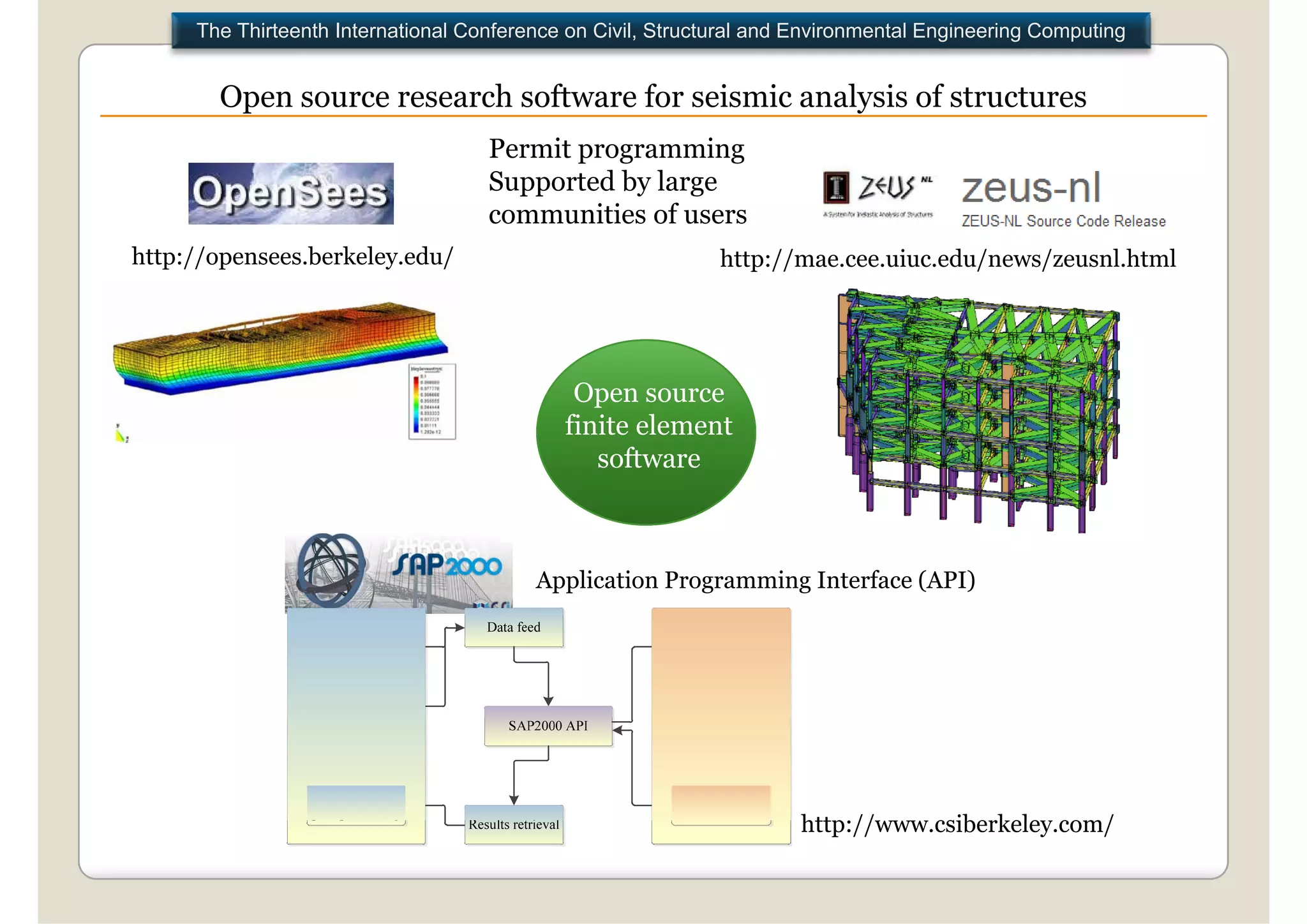 The Thirteenth International Conference on Civil, Structural and Environmental Engineering Computing


       Open source research software for seismic analysis of structures
                                    Permit programming
                                    Supported by large
                                    communities of users
                                            ii    f
http://opensees.berkeley.edu/                                http://mae.cee.uiuc.edu/news/zeusnl.html




                                             Open source
                                            finite element
                                               software



                                         Application Programming Interface (API)




                                                                      http://www.csiberkeley.com/
                                                                      http //    csiberkele com/
 