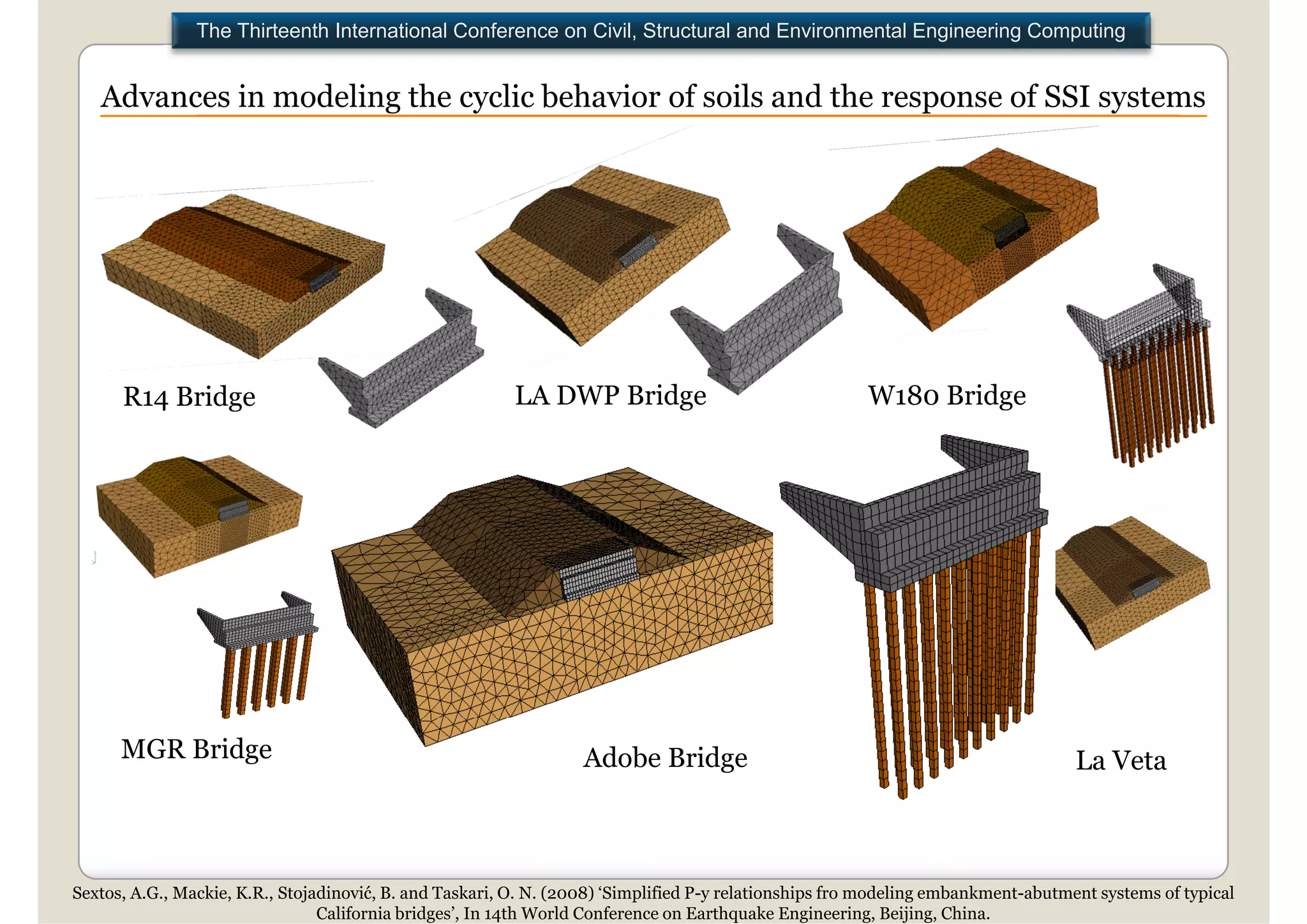 The Thirteenth International Conference on Civil, Structural and Environmental Engineering Computing


   Advances in modeling the cyclic behavior of soils and the response of SSI systems




      R14 Bridge
        4     g                                          LA DWP Bridge
                                                                    g                                   W180 Bridge
                                                                                                                 g




      MGR Bridge                                                  Adobe Bridge                                                     La Veta



Sextos, A.G., Mackie, K.R., Stojadinović, B. and Taskari, O. N. (2008) ‘Simplified P-y relationships fro modeling embankment-abutment systems of typical
                                 California bridges’, In 14th World Conference on Earthquake Engineering, Beijing, China.
 