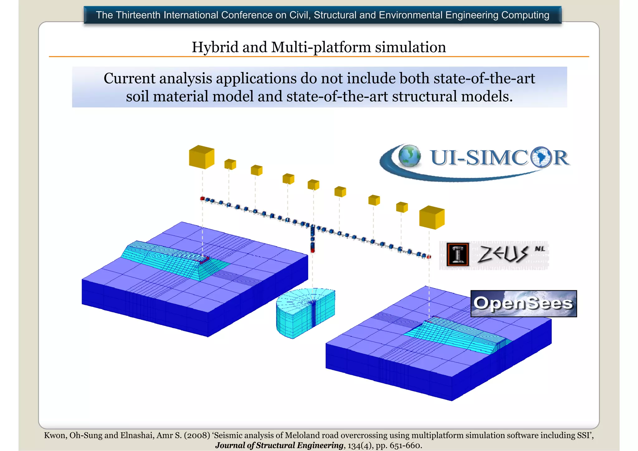 The Thirteenth International Conference on Civil, Structural and Environmental Engineering Computing


                                      Hybrid and Multi platform simulation
                                                 Multi-platform

               Current analysis applications do not include both state-of-the-art
                  soil material model and state-of-the-art structural models.
                                           state of the art




Kwon, Oh-Sung and Elnashai, Amr S. (2008) ‘Seismic analysis of Meloland road overcrossing using multiplatform simulation software including SSI’,
                                           Journal of Structural Engineering, 134(4), pp. 651-660.
 