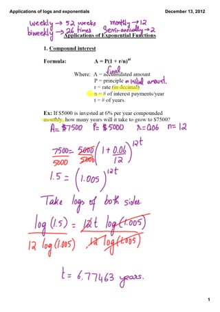 Applications of logs and exponentials   December 13, 2012




                                                            1
 