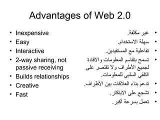 Advantages of Web 2.0
• Inexpensive
• Easy
• Interactive
• 2-way sharing, not
passive receiving
• Builds relationships
• Creative
• Fast
•.‫مكلفة‬ ‫رغير‬
•.‫الستخدام‬ ‫سهلة‬
•.‫المستفيدين‬ ‫مع‬ ‫تفاعلية‬
•‫والفادة‬ ‫المعلومات‬ ‫بتقاسم‬ ‫تسمح‬
‫على‬ ‫تقتصر‬ ‫ول‬ ‫الرطراف‬ ‫لجميع‬
.‫للمعلومات‬ ‫السلبي‬ ‫التلقي‬
•.‫الرطراف‬ ‫بين‬ ‫العلقات‬ ‫بناء‬ ‫تدعم‬
•.‫البتكار‬ ‫على‬ ‫تشجع‬
•.‫أكبر‬ ‫بسرعة‬ ‫تعمل‬
 