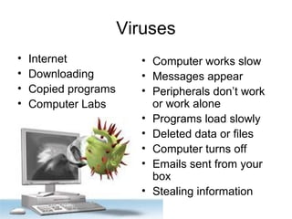 Viruses
• Internet
• Downloading
• Copied programs
• Computer Labs
• Computer works slow
• Messages appear
• Peripherals don’t work
or work alone
• Programs load slowly
• Deleted data or files
• Computer turns off
• Emails sent from your
box
• Stealing information
 