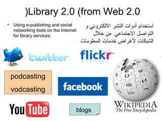 Library 2.0 (from Web 2.0(
• Using e-publishing and social
networking tools on the Internet
for library services.
podcasting
vodcasting
blogs
‫اللكتروني‬ ‫النشر‬ ‫أدوات‬ ‫استخدام‬‫و‬
‫خلل‬ ‫من‬ ‫الجتمامعي‬ ‫التواصل‬
‫المعلومات‬ ‫خدمات‬ ‫لرغراض‬ ‫الشبكات‬
 