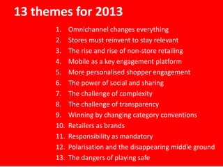 13 themes for 2013
1.
2.
3.
4.
5.
6.
7.
8.
9.
10.
11.
12.
13.

Omnichannel changes everything
Stores must reinvent to stay relevant
The rise and rise of non-store retailing
Mobile as a key engagement platform
More personalised shopper engagement
The power of social and sharing
The challenge of complexity
The challenge of transparency
Winning by changing category conventions
Retailers as brands
Responsibility as mandatory
Polarisation and the disappearing middle ground
The dangers of playing safe

 