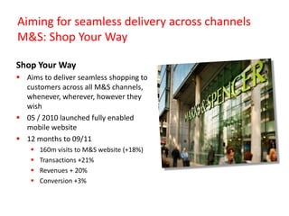 Aiming for seamless delivery across channels
M&S: Shop Your Way
Shop Your Way
 Aims to deliver seamless shopping to
customers across all M&S channels,
whenever, wherever, however they
wish
 05 / 2010 launched fully enabled
mobile website
 12 months to 09/11





160m visits to M&S website (+18%)
Transactions +21%
Revenues + 20%
Conversion +3%

 