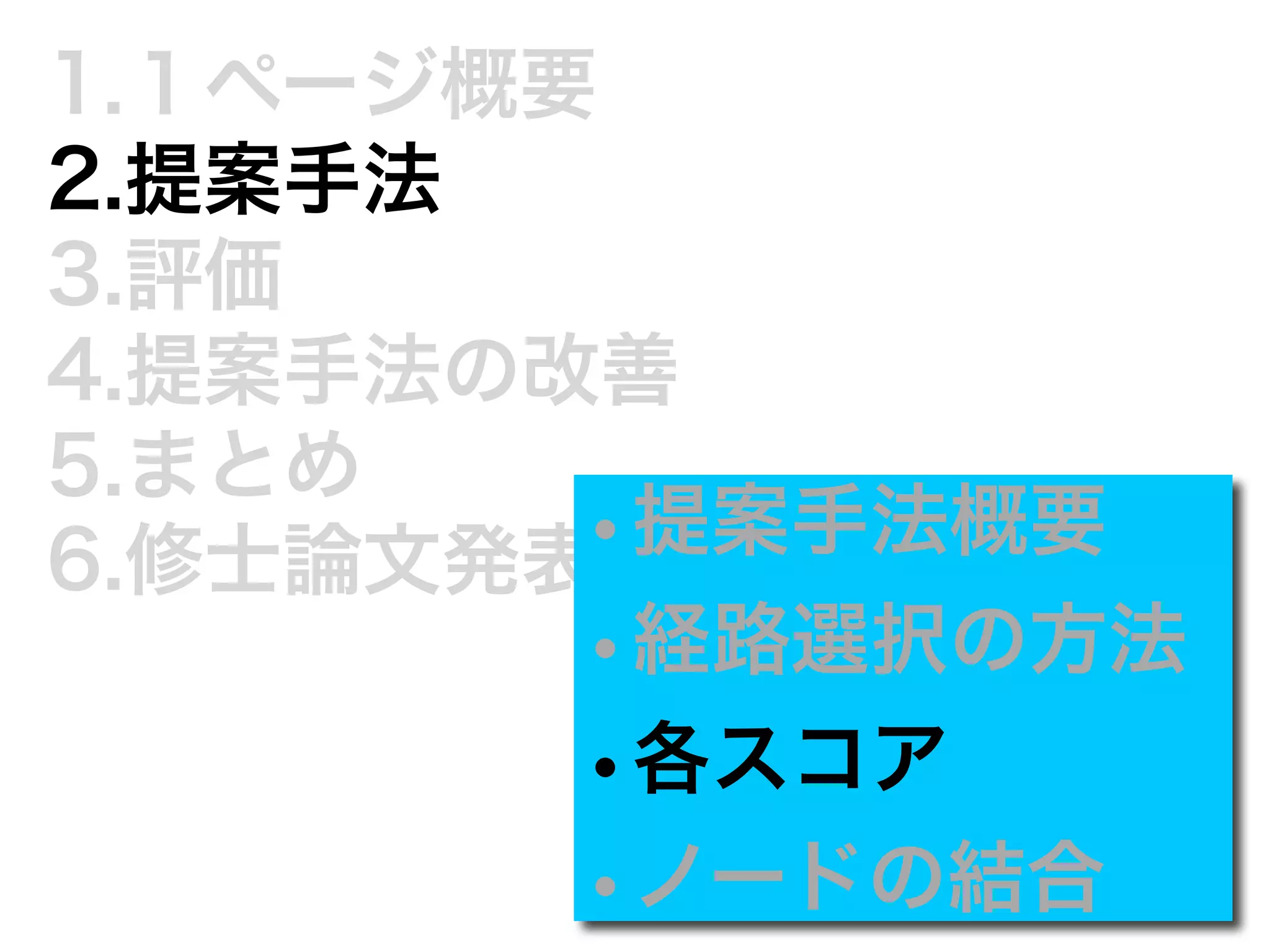 1.１ページ概要 
2.提案手法 
3.評価 
4.提案手法の改善 
5.まとめ 
6.修士論文発表•ま提で案に手法概要 
•経路選択の方法 
•各スコア 
•ノードの結合 
 