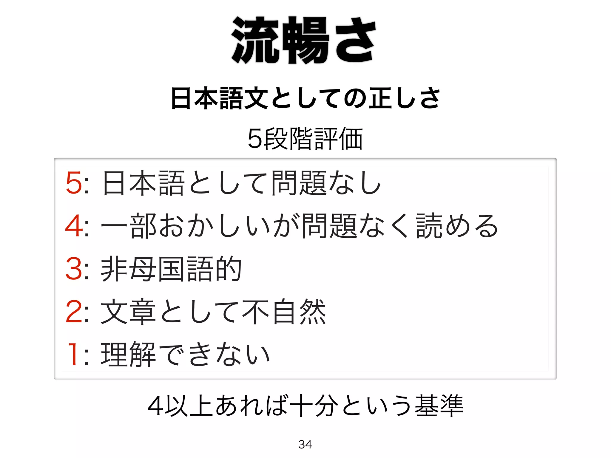 流暢さ 
日本語文としての正しさ 
5段階評価 
5: 日本語として問題なし 
4: 一部おかしいが問題なく読める 
3: 非母国語的 
2: 文章として不自然 
1: 理解できない 
4以上あれば十分という基準 
34 
 
