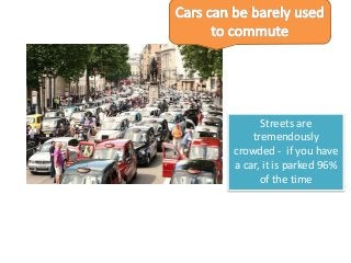 Streets are
tremendously
crowded - if you have
a car, it is parked 96%
of the time
 