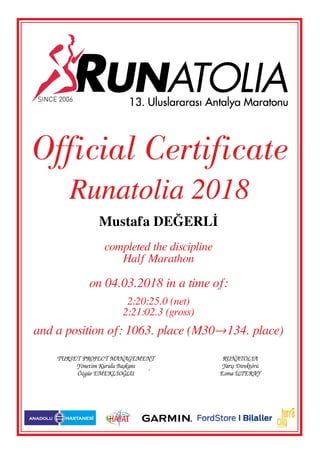 Mustafa DEĞERLİ
completed the discipline
Half Marathon
on 04.03.2018 in a time of:
2:20:25.0 (net)
2:21:02.3 (gross)
and a position of: 1063. place (M30→134. place)
Powered by TCPDF (www.tcpdf.org)
 