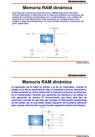 Microprocesadores


               Memoria RAM dinámica
•   Este tipo de memoria conocida como DRAM (Dynamic Random
    Access Memory), a diferencia de la memoria estática se compone de
    celdas de memoria construidas con condensadores. Las celdas de
    memoria son de fabricación más sencillas en comparación a las
    celdas a base de transistores, lo cual permite construir memorias de
    gran capacidad.




                                                                    Carlos Canto Q.




                                                            Microprocesadores


              Memoria RAM dinámica
    La operación de la celda es similar a la de un interruptor, cuando el
        operació
    estado en la fila se encuentra en alto, el transistor entra en saturación y
                                                                   saturació
    el dato presente en el bus interno de la memoria (columna) se almacena
                                                                      almacena
    en el condensador, durante una operación de escritura y se extrae en
                                       operació
    una operación de lectura. El inconveniente que tiene este tipo de
         operació
    memorias consiste en que hay que recargar la información almacenada
                                                      informació
    en las celdas, por lo cual estas celdas requieren de circuitería adicional
                                                           circuiterí
    para cumplir esta función. A este función especial se llama de refresco
                       funció          funció




                                                                    Carlos Canto Q.
 