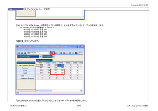 Printed on 2017/12/27
Title 13. ディメンションキューブ操作
タイトルに「FY 2004 Budget」が選択されている状態で、セルをダブルクリックして、データを挿入します。
以下のセルのデータを更新してください。
41101と10110の交点を 101
41101と10120の交点を 102
42201と10110の交点を 201
42201と10120の交点を 202
「再計算」をクリックします。
「plan_chart_of_accounts」をダブルクリックし、サブセット・エディターを呼び出します。
13_オブジェクト操作.xls 33/43 13.ディメンションキューブ操作
 
