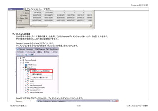Printed on 2017/12/27
Title 13. ディメンションキューブ操作
ディメンションの作成
32bit環境の場合、「13.2 要素の挿入」で使用しているExampleディメンションが無いため、作成しておきます。
64bit環境の場合は、この手順は必要ありません。
Server ExplorerからSDataにログインします。
ディメンションを右クリックし「新規ディメンションの作成」をクリックします。
Excelで以下のようなデータを入力し、ディメンション・エディターにコピーします。
13_オブジェクト操作.xls 8/43 13.ディメンションキューブ操作
 