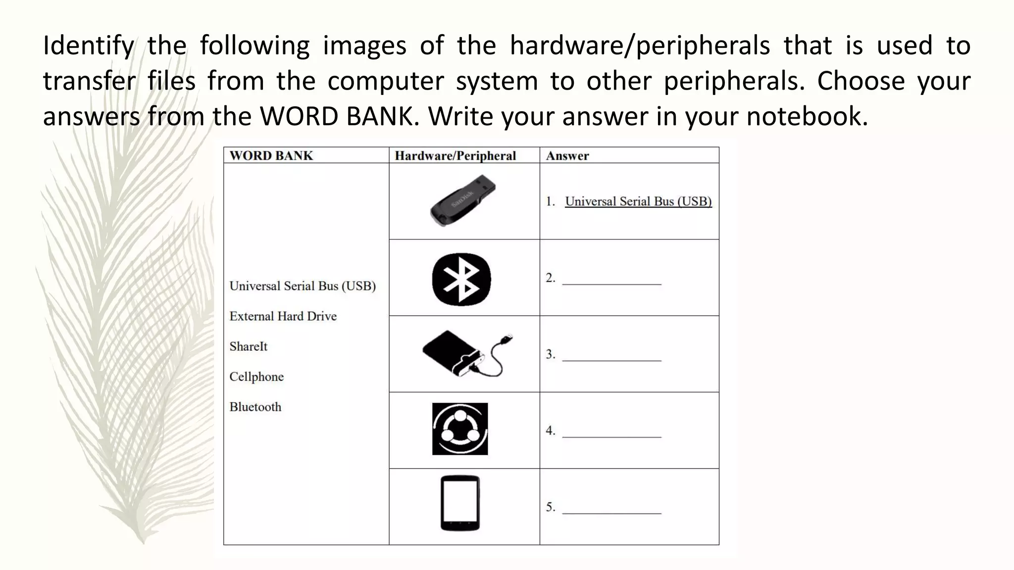 Identify the following images of the hardware/peripherals that is used to
transfer files from the computer system to other peripherals. Choose your
answers from the WORD BANK. Write your answer in your notebook.
 