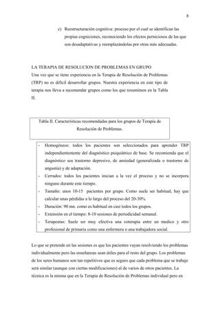 8
c) Reestructuración cognitiva: proceso por el cual se identifican las
propias cogniciones, reconociendo los efectos perniciosos de las que
son desadaptativas y reemplazándolas por otras más adecuadas.

LA TERAPIA DE RESOLUCION DE PROBLEMAS EN GRUPO
Una vez que se tiene experiencia en la Terapia de Resolución de Problemas
(TRP) no es difícil desarrollar grupos. Nuestra experiencia en este tipo de
terapia nos lleva a recomendar grupos como los que resumimos en la Tabla
II.

Tabla II. Características recomendadas para los grupos de Terapia de
Resolución de Problemas.

-

Homogéneos: todos los pacientes son seleccionados para aprender TRP
independientemente del diagnóstico psiquiátrico de base. Se recomienda que el
diagnóstico sea trastorno depresivo, de ansiedad (generalizada o trastorno de
angustia) y de adaptación.

-

Cerrados: todos los pacientes inician a la vez el proceso y no se incorpora
ninguno durante este tiempo.

-

Tamaño: unos 10-15 pacientes por grupo. Como suele ser habitual, hay que
calcular unas pérdidas a lo largo del proceso del 20-30%.

-

Duración: 90 mn. como es habitual en casi todos los grupos.

-

Extensión en el tiempo: 8-10 sesiones de periodicidad semanal.

-

Terapeutas: Suele ser muy efectiva una coterapia entre un medico y otro
profesional de primaria como una enfermera o una trabajadora social.

Lo que se pretende en las sesiones es que los pacientes vayan resolviendo los problemas
individualmente pero las enseñanzas sean útiles para el resto del grupo. Los problemas
de los seres humanos son tan repetitivos que es seguro que cada problema que se trabaje
será similar (aunque con ciertas modificaciones) al de varios de otros pacientes. La
técnica es la misma que en la Terapia de Resolución de Problemas individual pero en

 