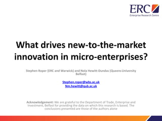 What drives new-to-the-market
innovation in micro-enterprises?
Stephen Roper (ERC and Warwick) and Nola Hewitt-Dundas (QueensUniversity
Belfast)
Stephen.roper@wbs.ac.uk
Nm.hewitt@qub.ac.uk
Acknowledgement: We are grateful to the Department of Trade, Enterprise and
Investment, Belfast for providing the data on which this research is based. The
conclusions presented are those of the authors alone
 