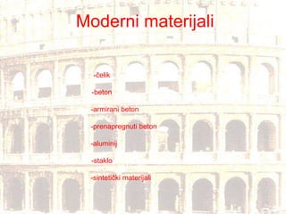 Moderni materijali -čelik -beton -armirani beton -prenapregnuti beton -aluminij -staklo -sintetički materijali 