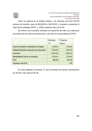 FACULTAD DE CONTADURIA Y CIENCIAS ADMINISTRATIVAS
FINANZAS I
ANÁLISIS FINANCIERO “VALOR ECONOMICO AGREGADO”
EVA (Economic Value Added)
251
Como se observa en el análisis anterior, una empresa que tiene $10.00
ociosos (la Inversión paso de $5,000.00 a $5,010.00), y mantiene constantes el
resto de las variables (CPPC y UODI), destruye valor por $1.80
Así mismo, una compañía enfocada en la gerencia del valor, por cada peso
que elimina de sus activos improductivos, crea valor en el equivalente al CPPC.
Empresa
“A”
Proyecto
Nuevo
Costo Promedio Ponderado de Capital 15.00% 15.00%
Utilidad Operativa después de Impuestos 1,000.00 1,000.00
Inversión 4,000.00 3,990.00
Rentabilidad Sobre la Inversión 25.00% 25.06%
EVA 400.00 401.50
Variación del EVA 1.50
En otras palabras la empresa “A” que se deshizo de activos improductivos
por $10.00, creó valor por $1.50
 