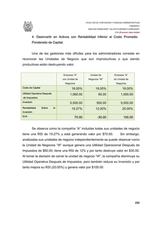 FACULTAD DE CONTADURIA Y CIENCIAS ADMINISTRATIVAS
FINANZAS I
ANÁLISIS FINANCIERO “VALOR ECONOMICO AGREGADO”
EVA (Economic Value Added)
252
4. Desinvertir en Activos con Rentabilidad Inferior al Costo Promedio
Ponderado de Capital.
Una de las gestiones más difíciles para los administradores consiste en
reconocer las Unidades de Negocio que son improductivas o que siendo
productivas están destruyendo valor.
Empresa “A”
con Unidad de
Negocios
Unidad de
Negocios “W”
Empresa “A”
sin Unidad de
Negocios
Costo de Capital 18.00% 18.00% 18.00%
Utilidad Operativa Después
de Impuestos
1,060.00 60.00 1,000.00
Inversión 5,500.00 500.00 5,000.00
Rentabilidad Sobre la
Inversión
19.27% 12.00% 20.00%
EVA 70.00 -30.00 100.00
Se observa como la compañía “A” incluidas todas sus unidades de negocio
tiene una RSI de 19.27% y está generando valor por $70.00. Sin embargo,
analizadas sus unidades de negocio independientemente se puede observar como
la Unidad de Negocios “W” aunque genera una Utilidad Operacional Después de
Impuestos de $60.00, tiene una RSI de 12% y por tanto destruye valor en $30.00.
Al tomar la decisión de cerrar la unidad de negocio “W”, la compañía disminuye su
Utilidad Operativa Después de Impuestos, pero también reduce su Inversión y por
tanto mejora su RSI (20.00%) y genera valor por $100.00
 