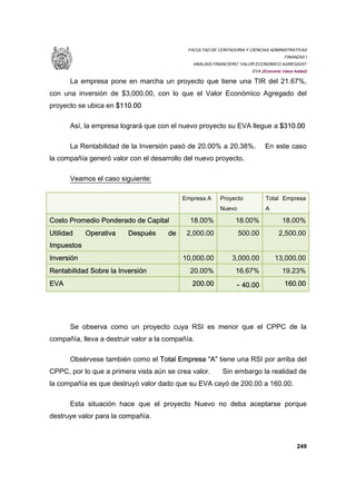 FACULTAD DE CONTADURIA Y CIENCIAS ADMINISTRATIVAS
FINANZAS I
ANÁLISIS FINANCIERO “VALOR ECONOMICO AGREGADO”
EVA (Economic Value Added)
249
La empresa pone en marcha un proyecto que tiene una TIR del 21.67%,
con una inversión de $3,000.00, con lo que el Valor Económico Agregado del
proyecto se ubica en $110.00
Así, la empresa logrará que con el nuevo proyecto su EVA llegue a $310.00
La Rentabilidad de la Inversión pasó de 20.00% a 20.38%. En este caso
la compañía generó valor con el desarrollo del nuevo proyecto.
Veamos el caso siguiente:
Empresa A Proyecto
Nuevo
Total Empresa
A
Costo Promedio Ponderado de Capital 18.00% 18.00% 18.00%
Utilidad Operativa Después de
Impuestos
2,000.00 500.00 2,500.00
Inversión 10,000.00 3,000.00 13,000.00
Rentabilidad Sobre la Inversión 20.00% 16.67% 19.23%
EVA 200.00 - 40.00 160.00
Se observa como un proyecto cuya RSI es menor que el CPPC de la
compañía, lleva a destruir valor a la compañía.
Obsérvese también como el Total Empresa “A” tiene una RSI por arriba del
CPPC, por lo que a primera vista aún se crea valor. Sin embargo la realidad de
la compañía es que destruyó valor dado que su EVA cayó de 200.00 a 160.00.
Esta situación hace que el proyecto Nuevo no deba aceptarse porque
destruye valor para la compañía.
 