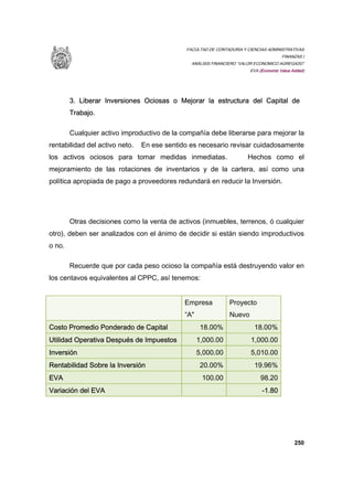 FACULTAD DE CONTADURIA Y CIENCIAS ADMINISTRATIVAS
FINANZAS I
ANÁLISIS FINANCIERO “VALOR ECONOMICO AGREGADO”
EVA (Economic Value Added)
250
3. Liberar Inversiones Ociosas o Mejorar la estructura del Capital de
Trabajo.
Cualquier activo improductivo de la compañía debe liberarse para mejorar la
rentabilidad del activo neto. En ese sentido es necesario revisar cuidadosamente
los activos ociosos para tomar medidas inmediatas. Hechos como el
mejoramiento de las rotaciones de inventarios y de la cartera, así como una
política apropiada de pago a proveedores redundará en reducir la Inversión.
Otras decisiones como la venta de activos (inmuebles, terrenos, ó cualquier
otro), deben ser analizados con el ánimo de decidir si están siendo improductivos
o no.
Recuerde que por cada peso ocioso la compañía está destruyendo valor en
los centavos equivalentes al CPPC, así tenemos:
Empresa
“A"
Proyecto
Nuevo
Costo Promedio Ponderado de Capital 18.00% 18.00%
Utilidad Operativa Después de Impuestos 1,000.00 1,000.00
Inversión 5,000.00 5,010.00
Rentabilidad Sobre la Inversión 20.00% 19.96%
EVA 100.00 98.20
Variación del EVA -1.80
 