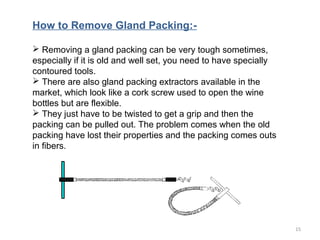 How to Remove Gland Packing:-
 Removing a gland packing can be very tough sometimes,
especially if it is old and well set, you need to have specially
contoured tools.
 There are also gland packing extractors available in the
market, which look like a cork screw used to open the wine
bottles but are flexible.
 They just have to be twisted to get a grip and then the
packing can be pulled out. The problem comes when the old
packing have lost their properties and the packing comes outs
in fibers.
15
 