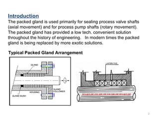 Introduction
The packed gland is used primarily for sealing process valve shafts
(axial movement) and for process pump shafts (rotary movement).
The packed gland has provided a low tech. convenient solution
throughout the history of engineering. In modern times the packed
gland is being replaced by more exotic solutions.
Typical Packed Gland Arrangement
2
 