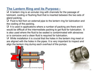 The Lantern Ring and its Purpose:-
 A lantern ring is an annular ring with channels for the passage of
lubricant, cooling or flushing fluid that is inserted between the two sets of
gland packing.
 Fluid is fed from an external pipe to the lantern ring for lubrication and
the cooling of the packing.
 It is used in applications where a number of packing are there and it
would be difficult of the intermediate packing to get fluid for lubrication. It
is also used where the fluid to be sealed is contaminated with abrasives
or is corrosive and a clean fluid is required for lubrication.
 While installation it is crucial that the holes in the lantern ring meet or
are aligned with the holes in the pipes. It is very important to inspect and
align the lantern ring during each overhaul of the pumps.
30
 