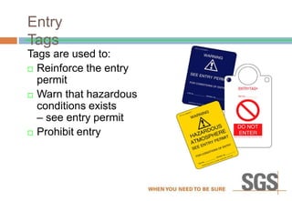 Entry
Tags
Tags are used to:
 Reinforce the entry
permit
 Warn that hazardous
conditions exists
– see entry permit
 Prohibit entry
 